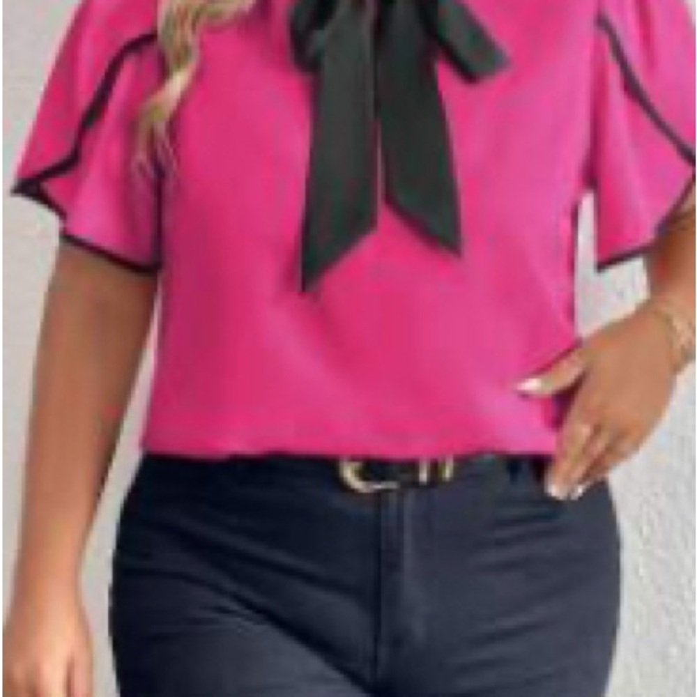 Pink Blouse with Black Bow